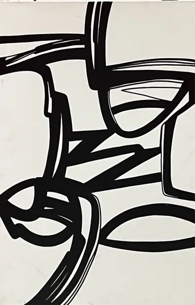 Canvas: broad flat black arcs, uprights and ribbons on white, forms cropping hard at the edges.