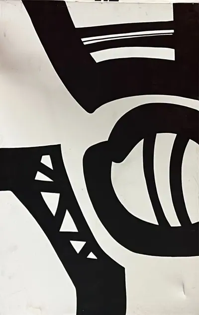 Canvas: broad flat black arcs, uprights and ribbons on white, forms cropping hard at the edges.