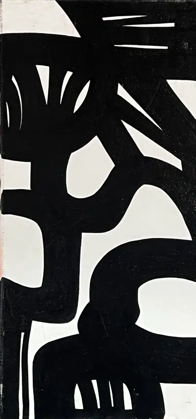 Canvas: broad flat black arcs, uprights and ribbons on white, forms cropping hard at the edges.