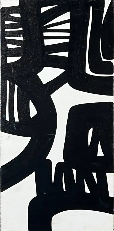Canvas: broad flat black arcs, uprights and ribbons on white, forms cropping hard at the edges.