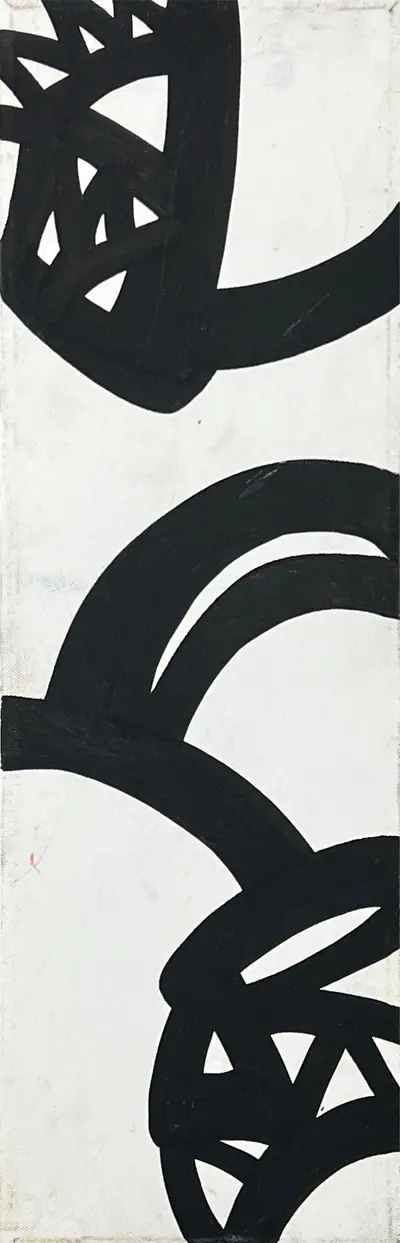 Narrow canvas: crisp masked chevrons and diagonal bands in black, teal and olive-gold on white.