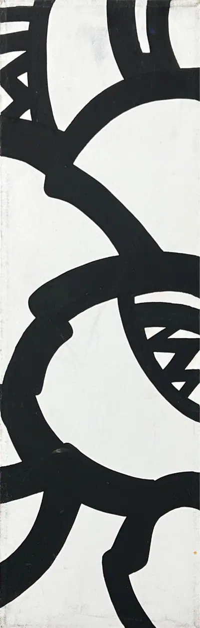 Narrow canvas: crisp masked chevrons and diagonal bands in black, teal and olive-gold on white.