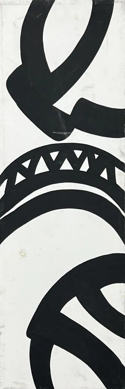 Narrow canvas: crisp masked chevrons and diagonal bands in black, teal and olive-gold on white.