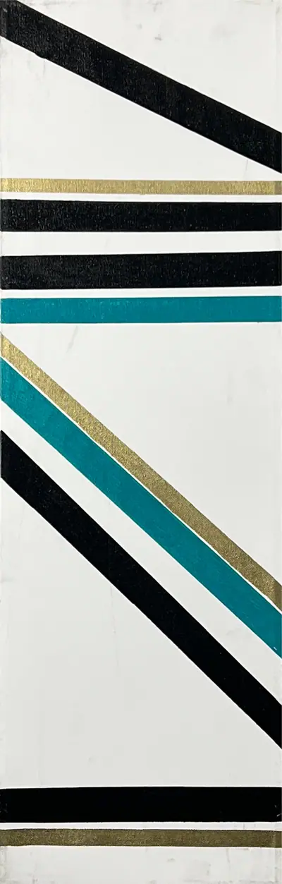 Canvas: white ground divided into compartments by thick black outlines and filled with flat cobalt, yellow, red-orange and teal signs.