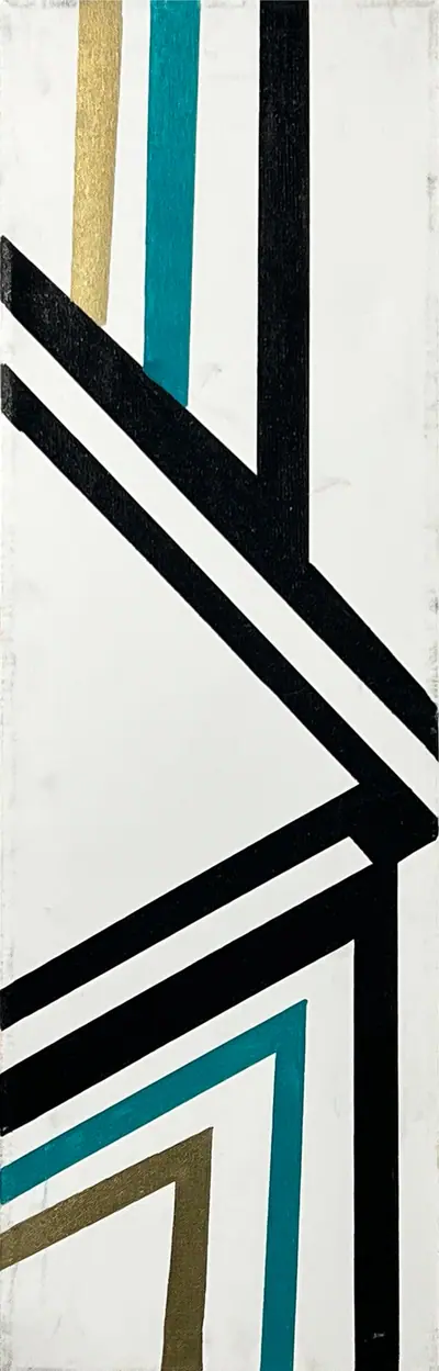 Canvas: white ground divided into compartments by thick black outlines and filled with flat cobalt, yellow, red-orange and teal signs.