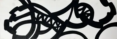 Canvas: broad flat black arcs, uprights and ribbons on white, forms cropping hard at the edges.