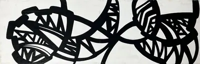 Canvas: broad flat black arcs, uprights and ribbons on white, forms cropping hard at the edges.