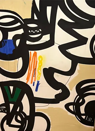 Canvas: white ground divided into compartments by thick black outlines and filled with flat cobalt, yellow, red-orange and teal signs.