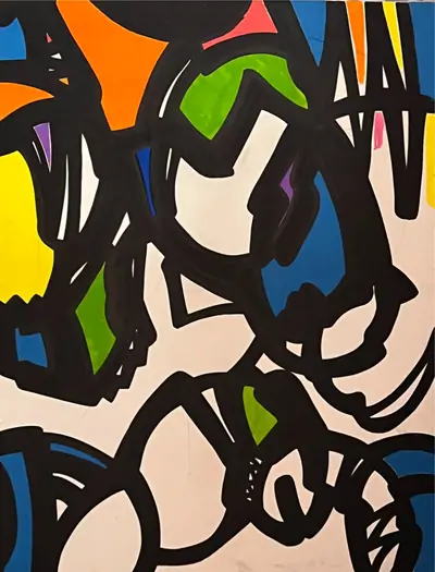 Canvas: white ground divided into compartments by thick black outlines and filled with flat cobalt, yellow, red-orange and teal signs.