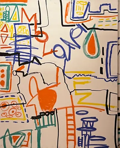Canvas: white ground divided into compartments by thick black outlines and filled with flat cobalt, yellow, red-orange and teal signs.