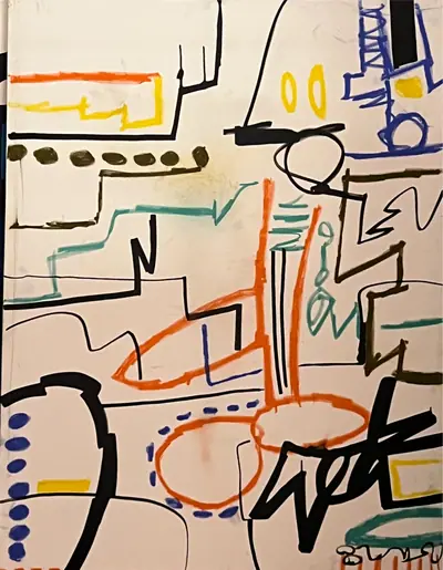 Canvas: white ground divided into compartments by thick black outlines and filled with flat cobalt, yellow, red-orange and teal signs.