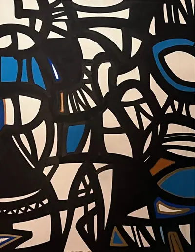 Canvas: white ground divided into compartments by thick black outlines and filled with flat cobalt, yellow, red-orange and teal signs.